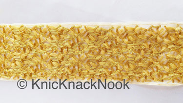 Beige Sheer Tissue Fabric Trim With Cotton Thread Embroidery In Light Green And Antique Gold, Fabric Lace, Embroidered Trim